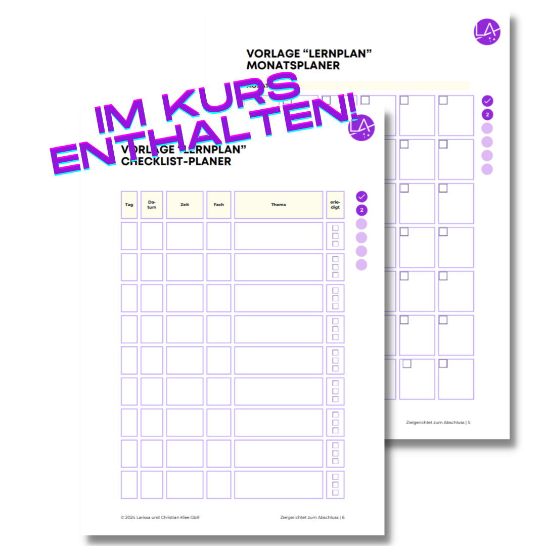 Ein Bild einer Vorlage für einen Lernplan, benannt 'IM KURS ENTHALTEN', in lila Farbtönen, mit Tabellen für Tage, Daten, Ziele, Fächer und Themen, entwickelt von der Lichtmacher Akademie.