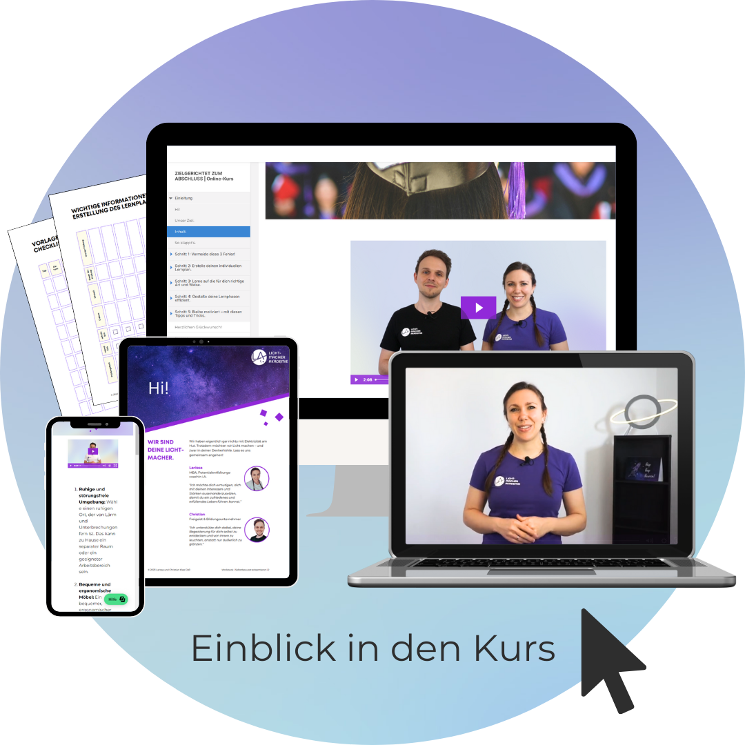 Eine multimediale Darstellung eines Bildungsangebots mit mehreren Geräten, die verschiedene Aspekte eines Online-Kurses der Lichtmacher Akademie zeigen, inklusive der Information, dass der Kurs aus 5 Modulen und 37 Lektionen besteht, inklusive Arbeitsmaterialien.