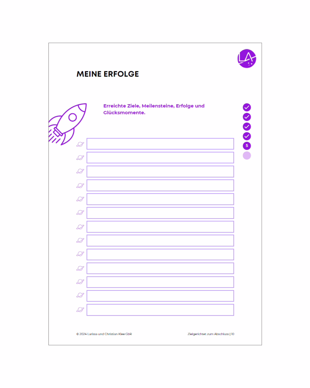 Checkliste zur Erfolgserfassung mit Feldern zum Eintragen erreichter Ziele, Meilensteine und Glücksmomente. Enthält eine Raketen-Illustration als Symbol für Fortschritt.