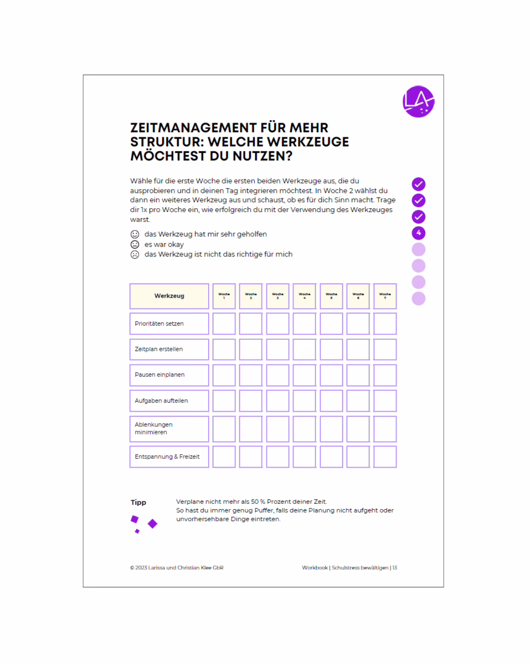 Arbeitsblatt für Jugendliche zur Auswahl und Bewertung von Zeitmanagement-Werkzeugen zur besseren Alltagsstrukturierung.